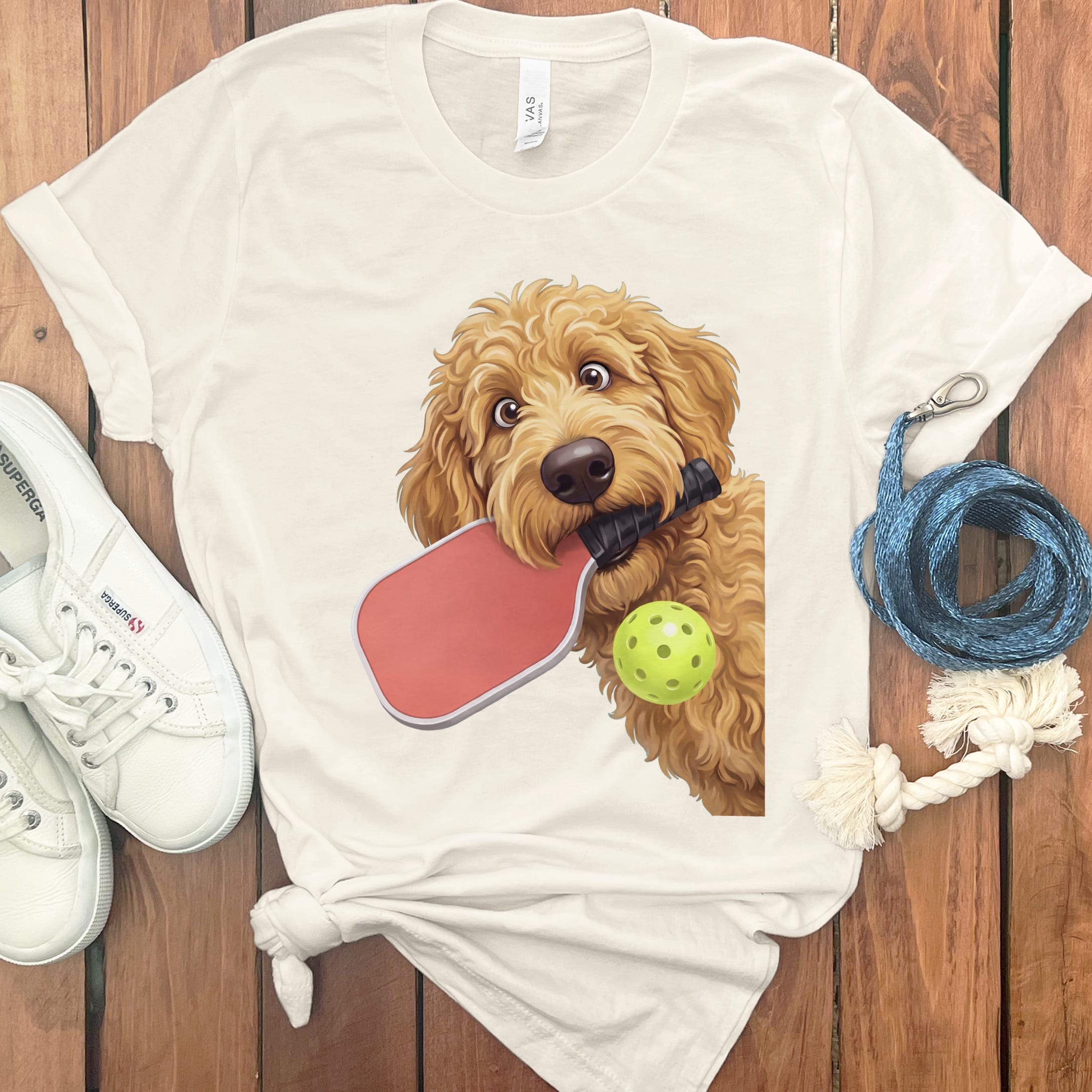 Golden Goldendoodle Pickleball T-Shirt in Natural / S by Puppy Jo