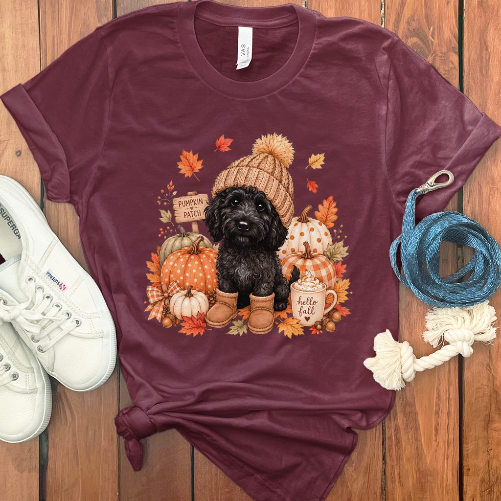 Black Goldendoodle Pumpkin Patch T-Shirt in Maroon / S by Puppy Jo