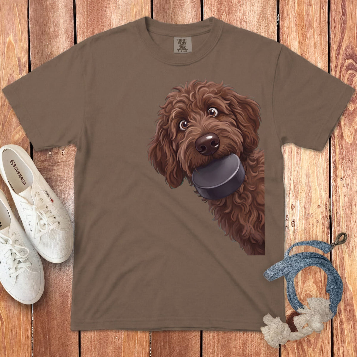 Chocolate Goldendoodle Hockey Puck Signature T-Shirt in Espresso / S by Puppy Jo