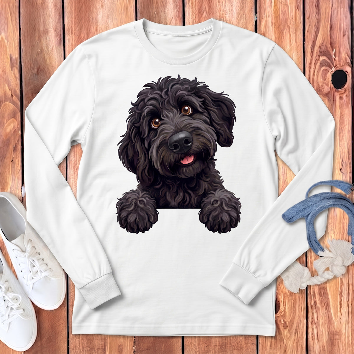 White long-sleeved shirt with a black doodle dog graphic peeking over a white surface.