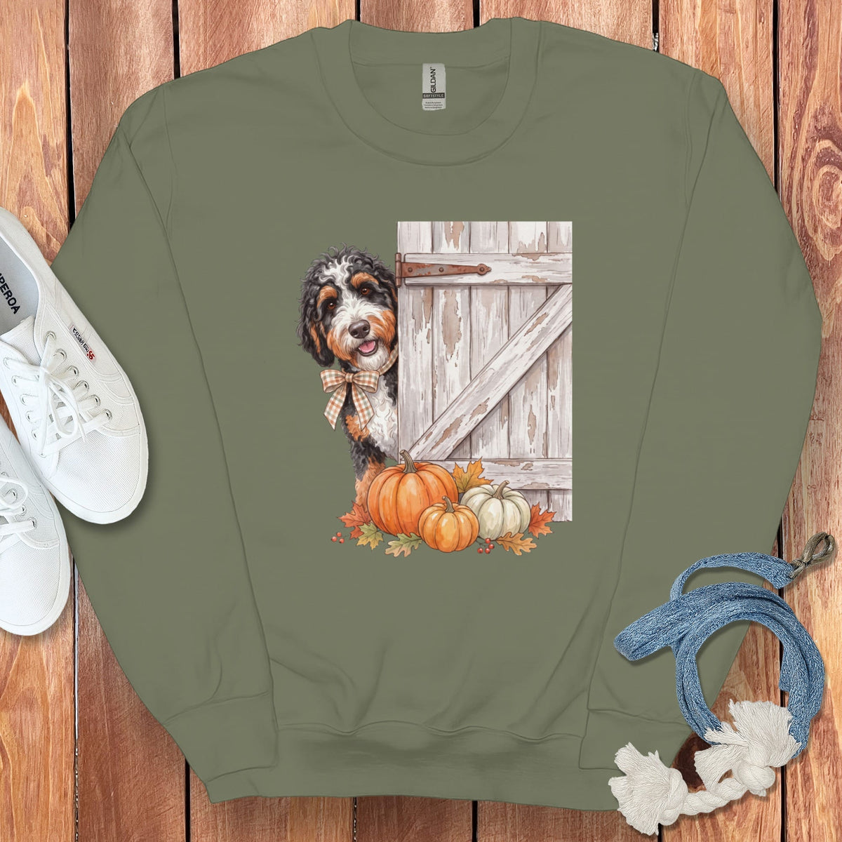 Bernedoodle Barn Peeking Sweatshirt in Military Green / S by Puppy Jo