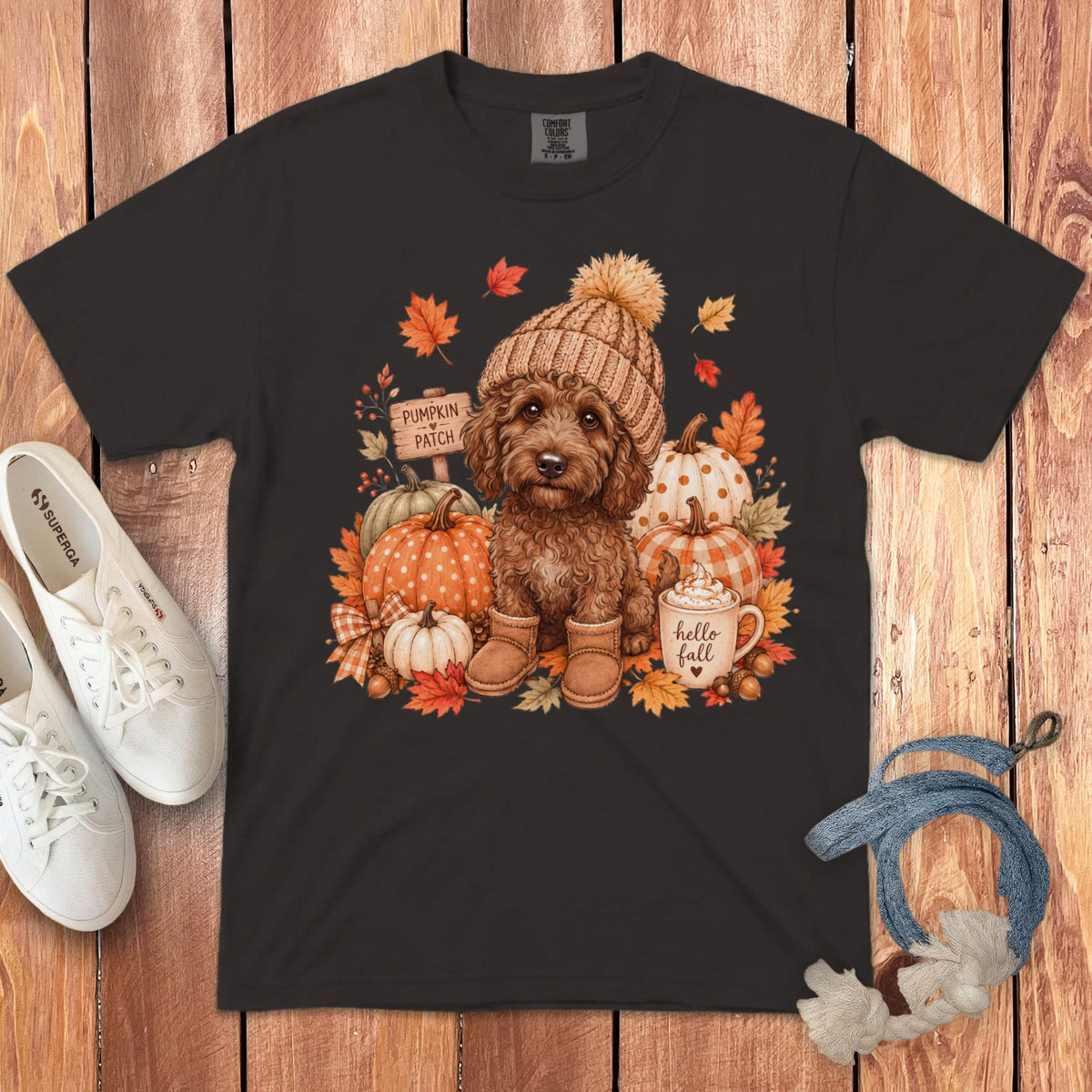 Chocolate Goldendoodle Pumpkin Patch Signature T-Shirt in Graphite / S by Puppy Jo
