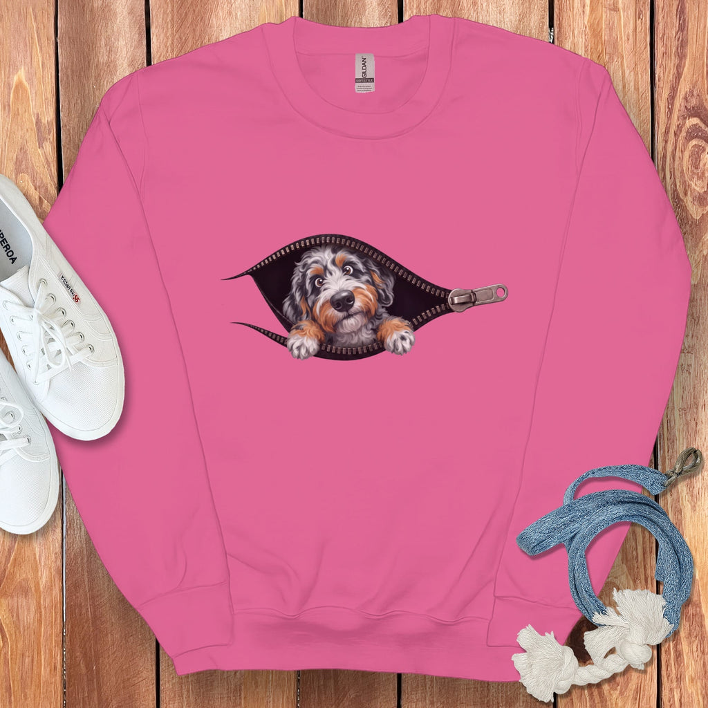 Aussiedoodle Peeking Zipper Sweatshirt in Heliconia / S by Puppy Jo