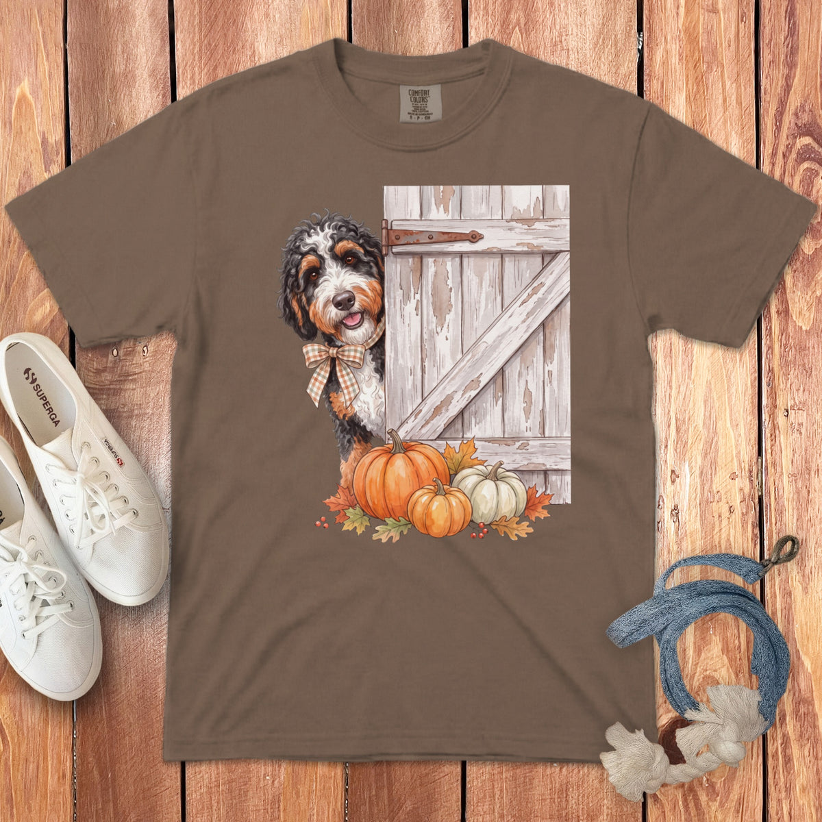 Bernese Mountain Dog peeking from behind a barn door with pumpkins and autumn leaves.