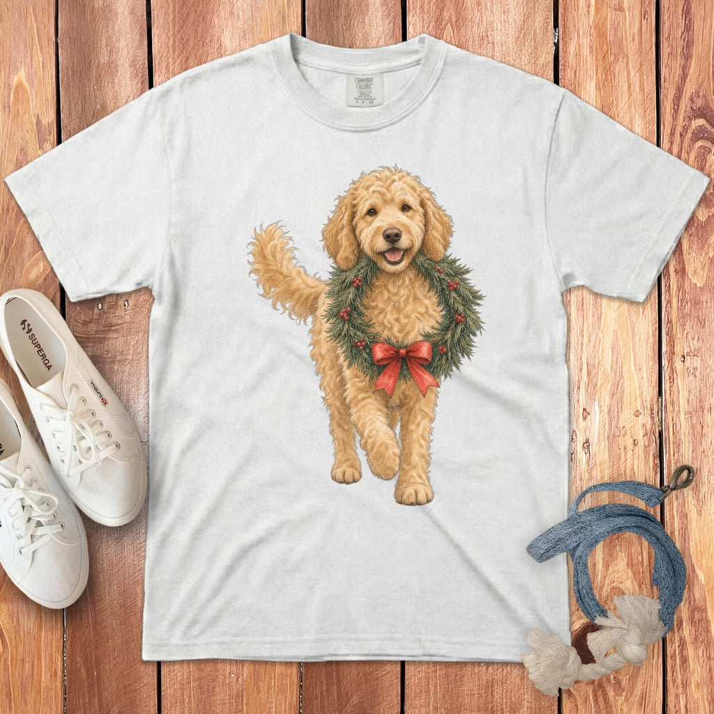 Golden Goldendoodle Wreath Signature T-Shirt in White / S by Puppy Jo