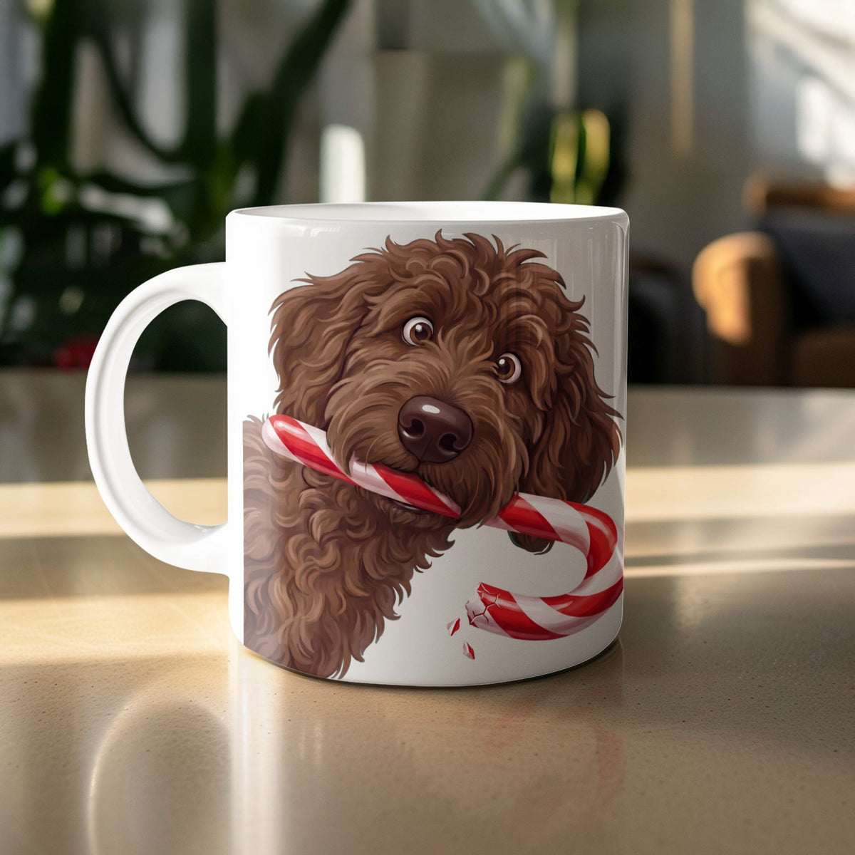 Chocolate Goldendoodle Candy Cane Thief Mug in by Puppy Jo