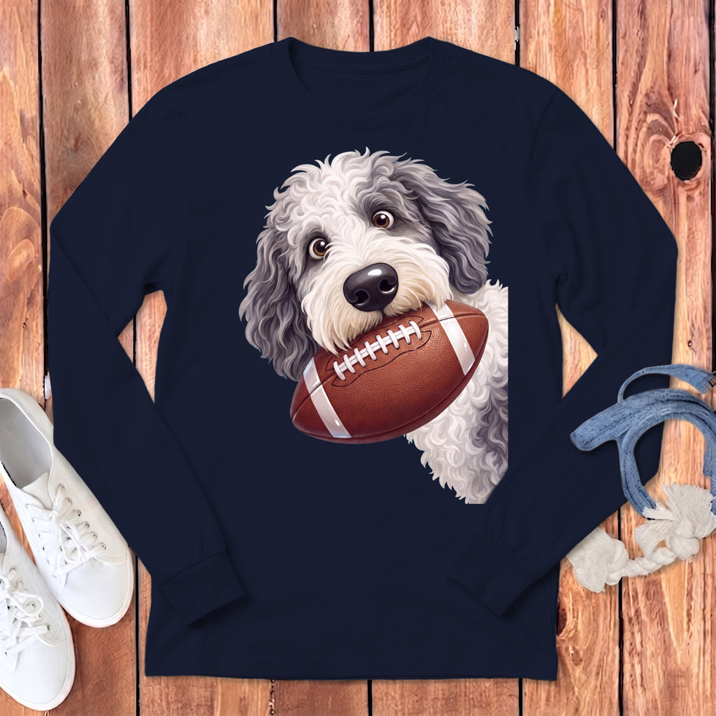 Doodle dog wearing a navy long-sleeved shirt holding a football.