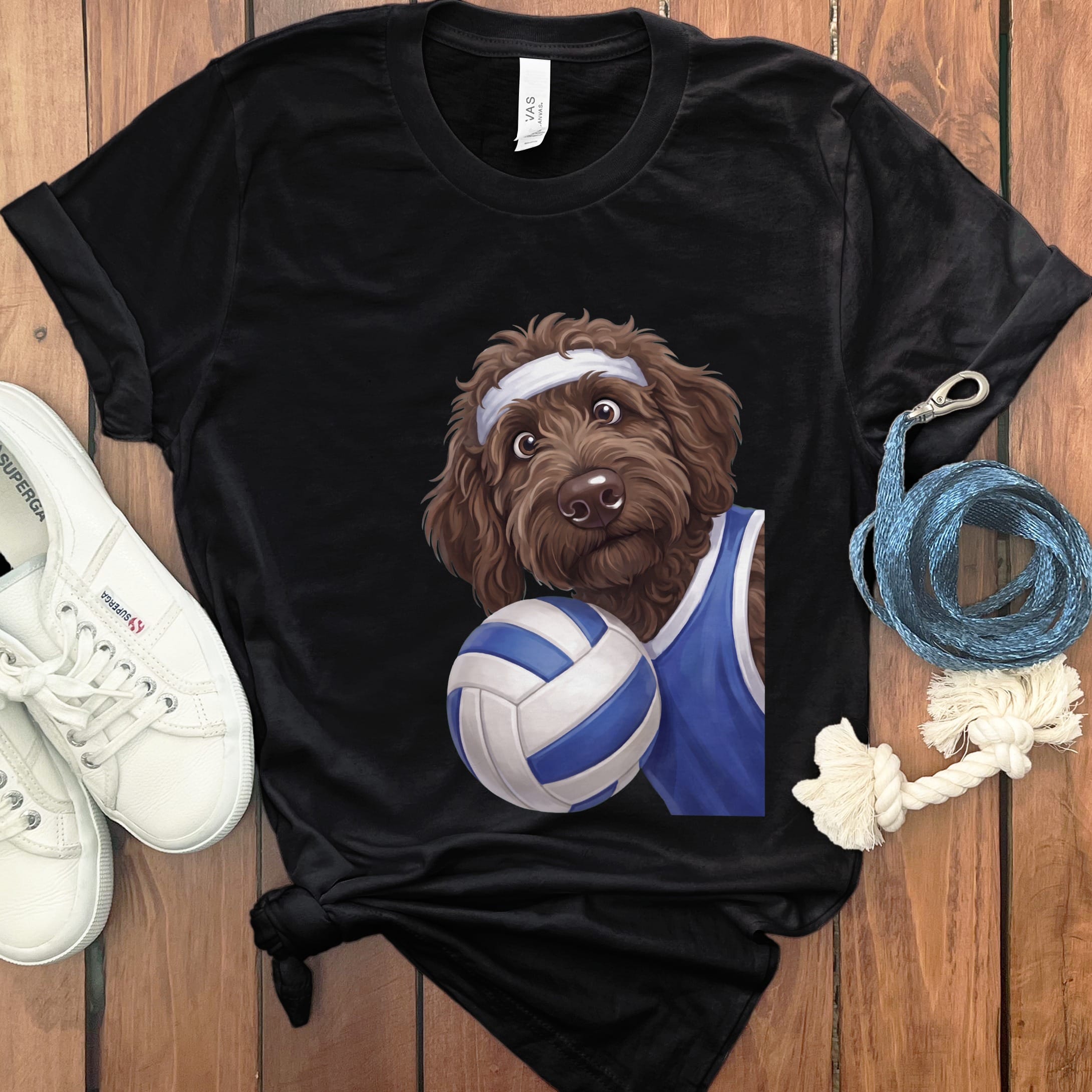 Chocolate Goldendoodle Volleyball Player T-Shirt in Black / S by Puppy Jo
