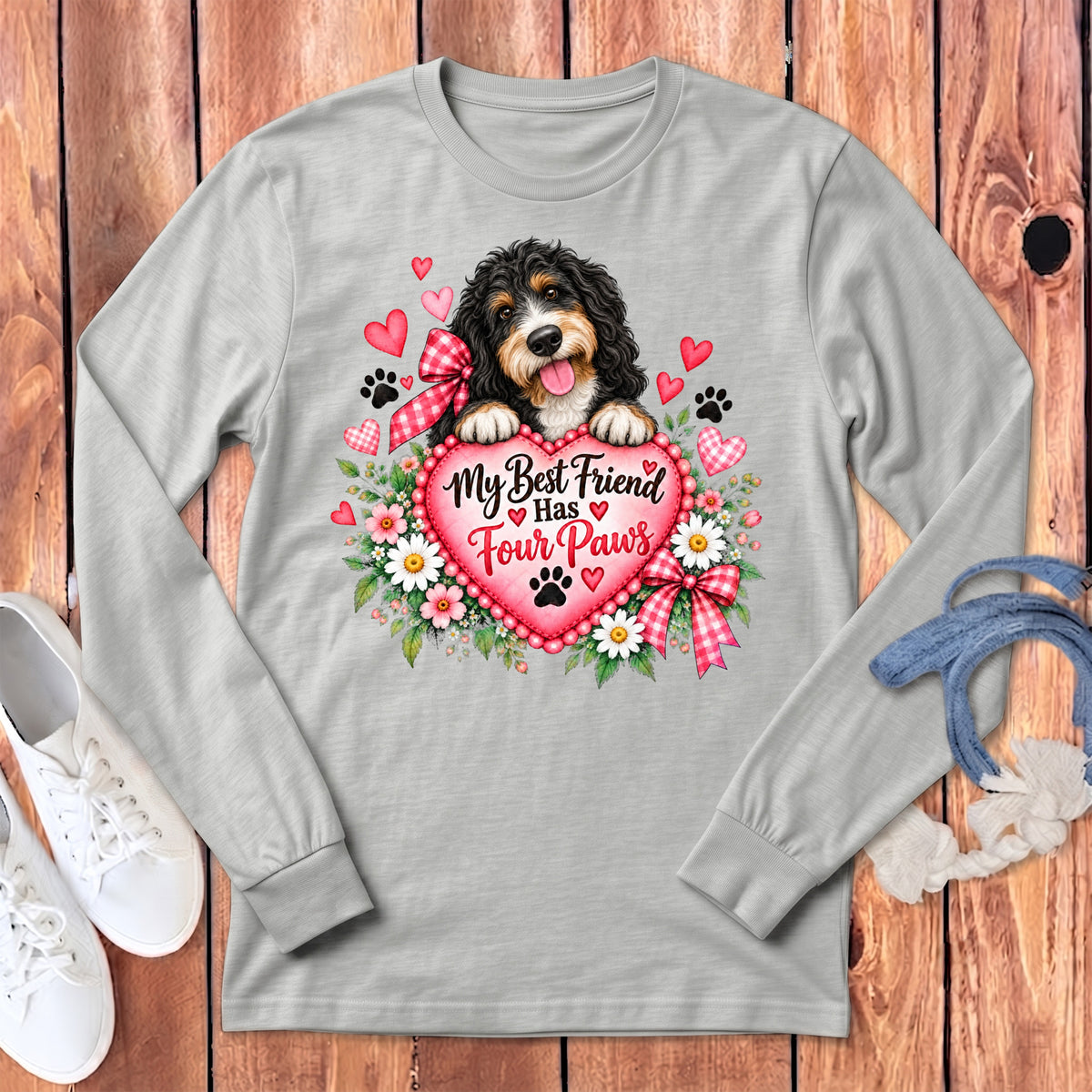 Gray long-sleeve t-shirt featuring a bernedoodle puppy holding a pink heart with flowers and text.
