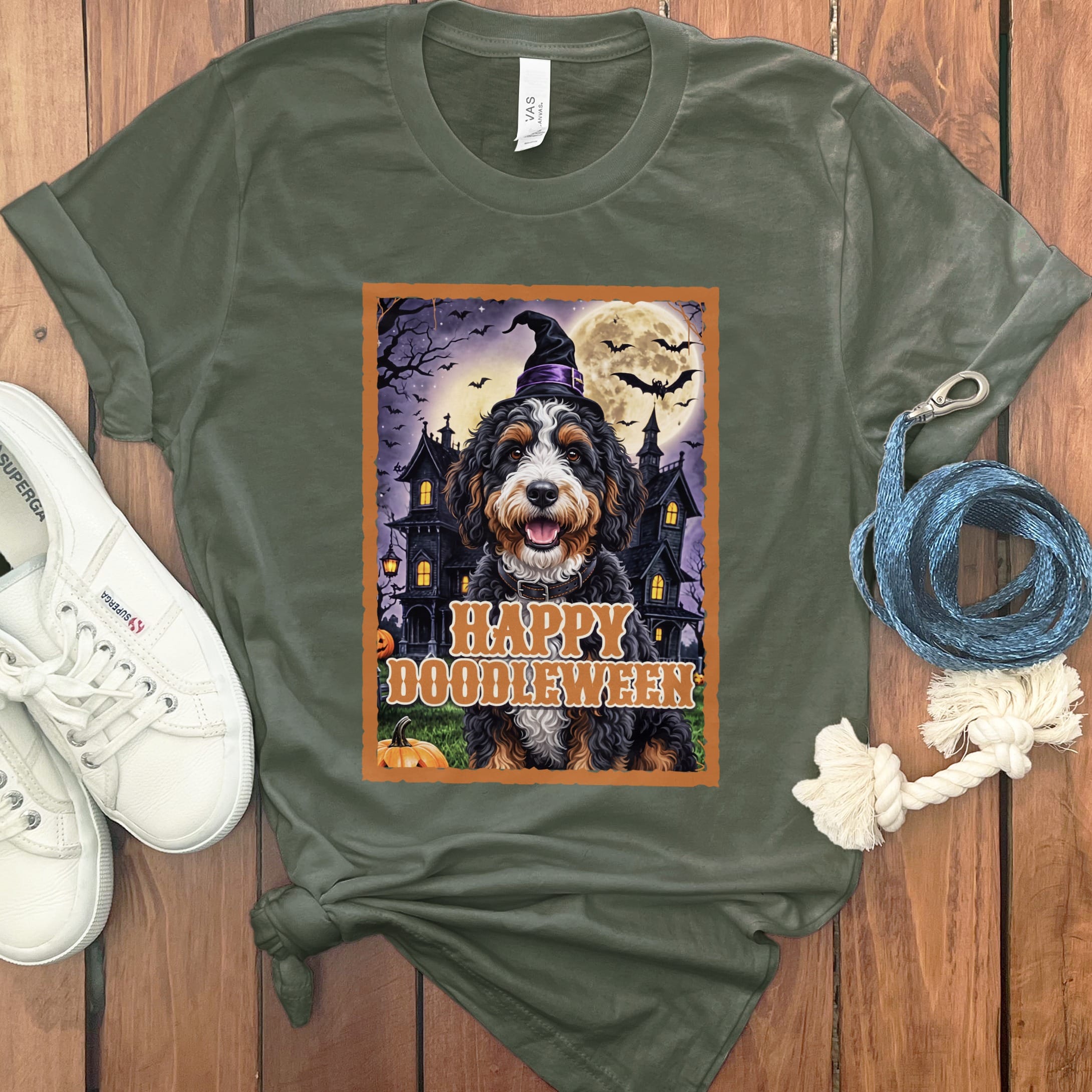 Bernedoodle Happy Doodleween T-Shirt in Military Green / S by Puppy Jo