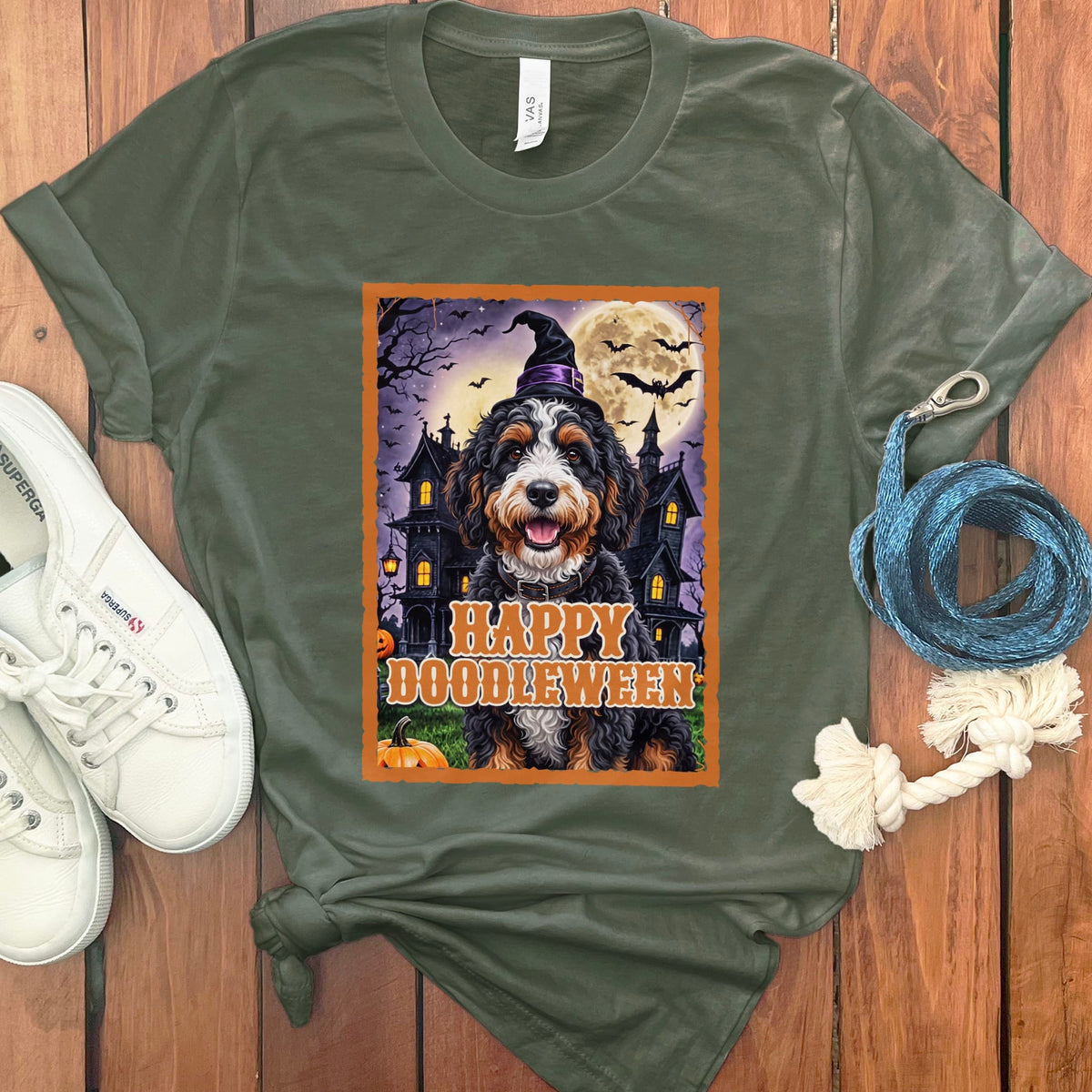 Bernedoodle Happy Doodleween T-Shirt in Military Green / S by Puppy Jo