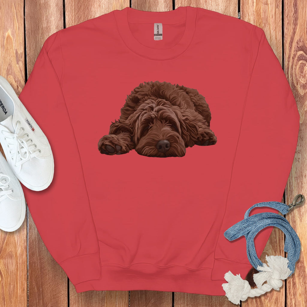 Chocolate Goldendoodle Snoozing Sweatshirt in Red / S by Puppy Jo