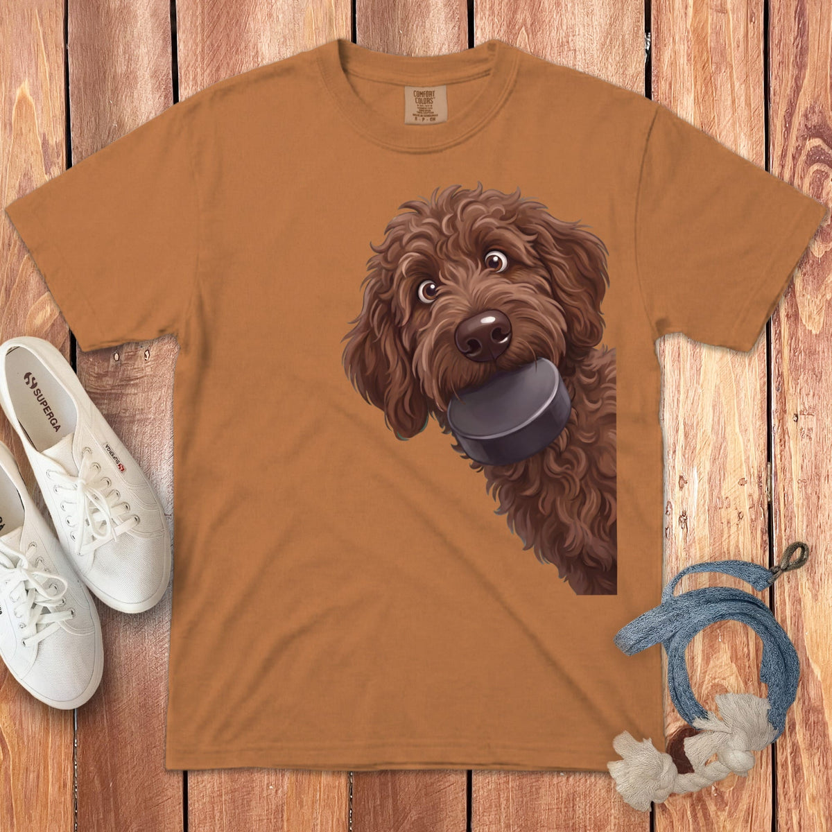 Chocolate Goldendoodle Hockey Puck Signature T-Shirt in Yam / S by Puppy Jo
