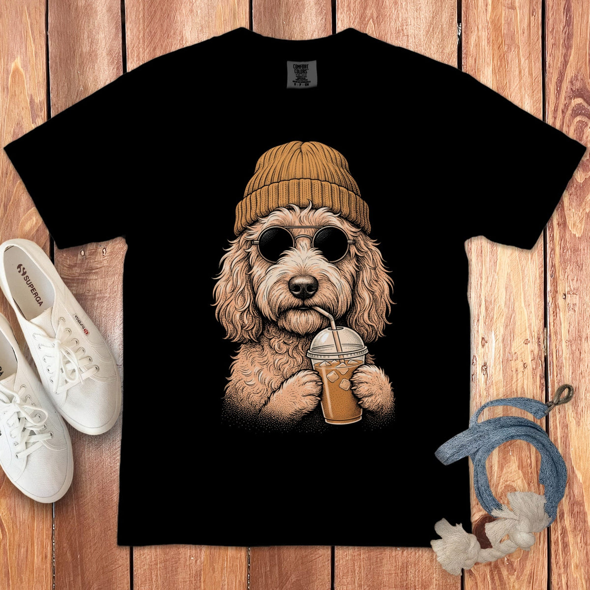 Apricot Goldendoodle Ice Latte Signature T-Shirt in Black / S by Puppy Jo