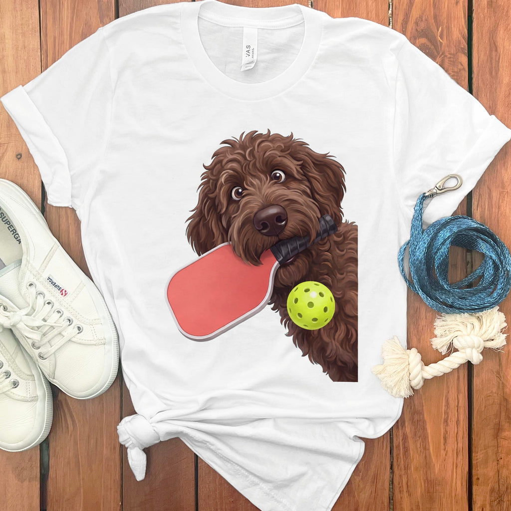 Chocolate Goldendoodle Pickleball T-Shirt in White / S by Puppy Jo