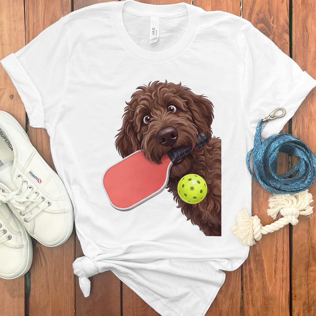 Chocolate Goldendoodle Pickleball T-Shirt in White / S by Puppy Jo