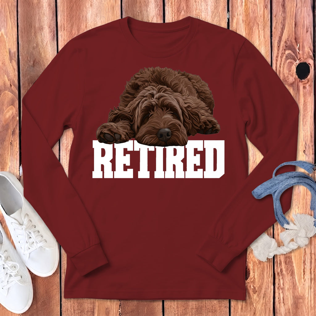 Retired Sleeping Chocolate Goldendoodle Long Sleeve T-Shirt in Cardinal / S by Puppy Jo