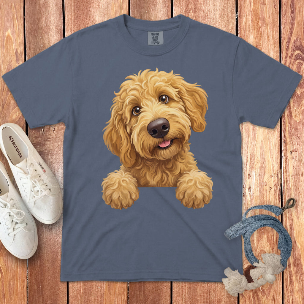 Blue t-shirt with a goldendoodle illustration and Superga sneakers.