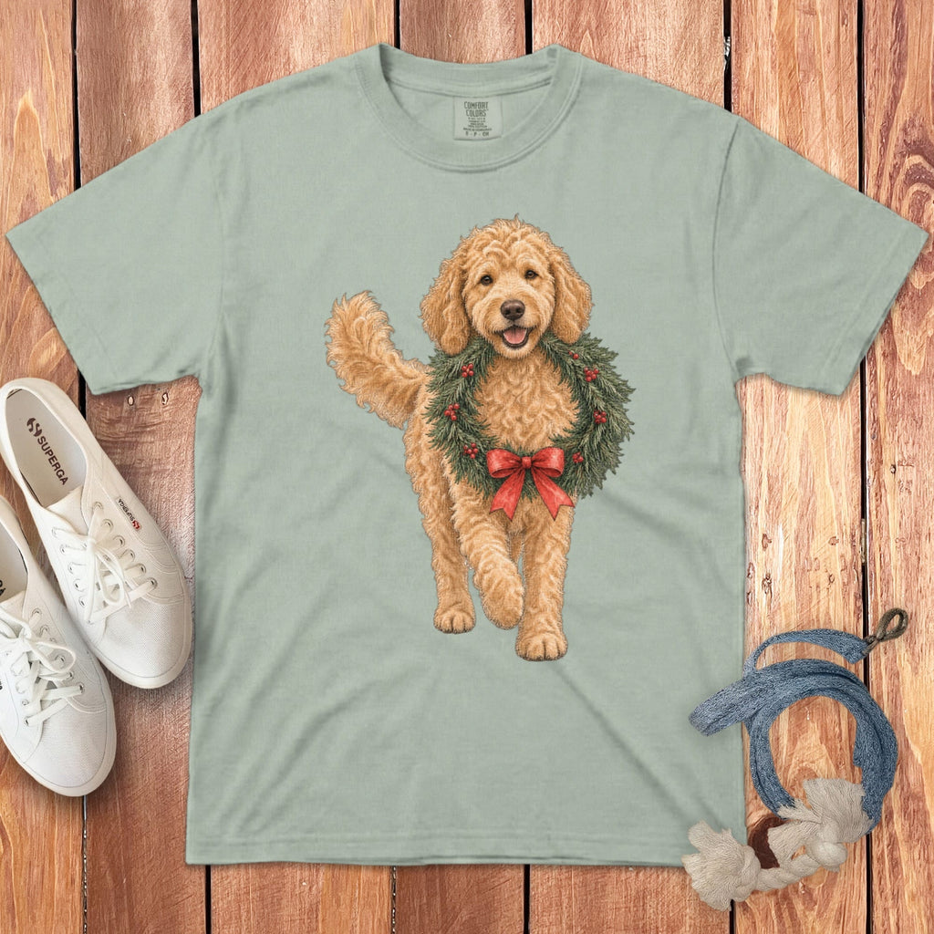 Apricot Goldendoodle Wreath Signature T-Shirt in Bay / S by Puppy Jo