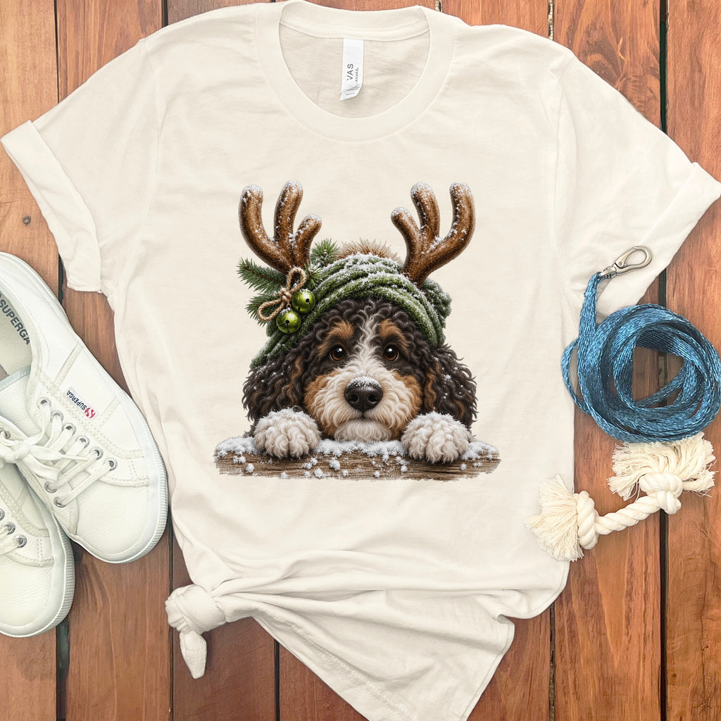 Bernese Mountain Dog wearing antlers and a knitted hat with bells, peeking over a snowy fence.