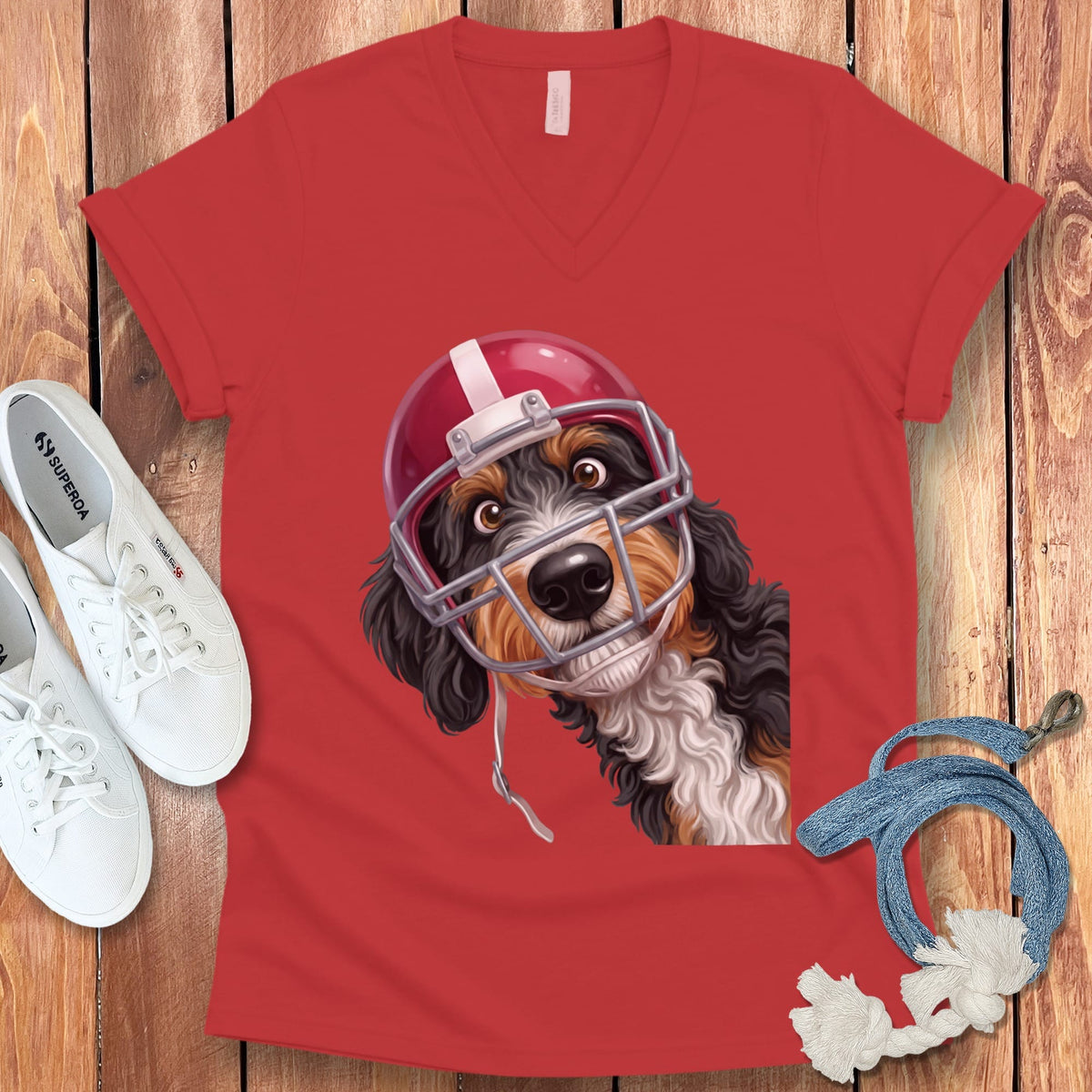 Bernedoodle Football Helmet V-Neck T-Shirt in Red / S by Puppy Jo