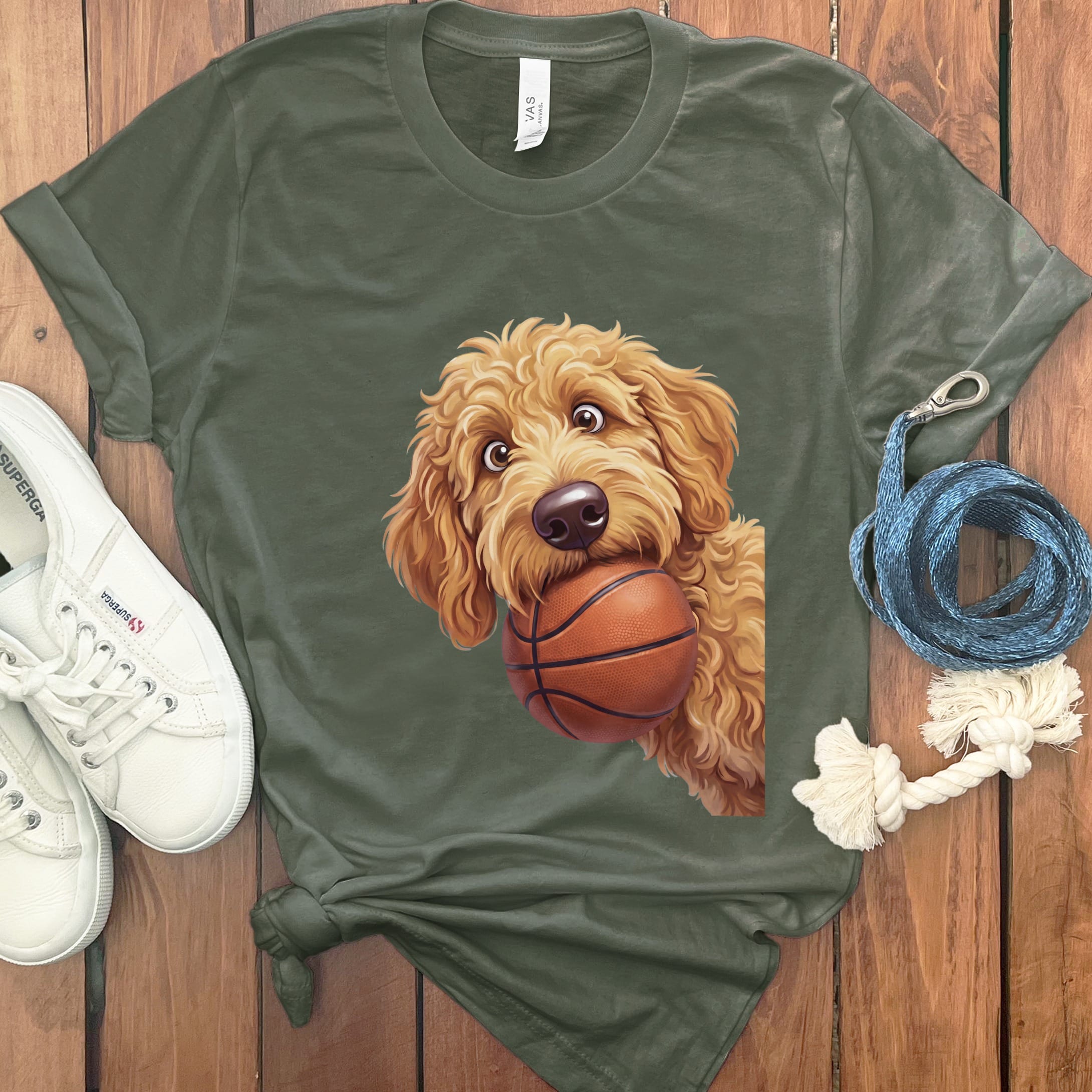Golden Goldendoodle Basketball T-Shirt in Military Green / S by Puppy Jo