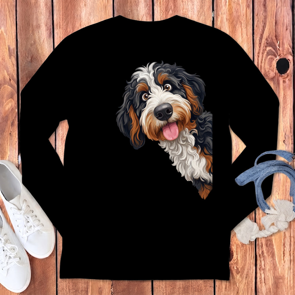 Black long-sleeve shirt with a Bernese Mountain Dog illustration peeking from the upper left.