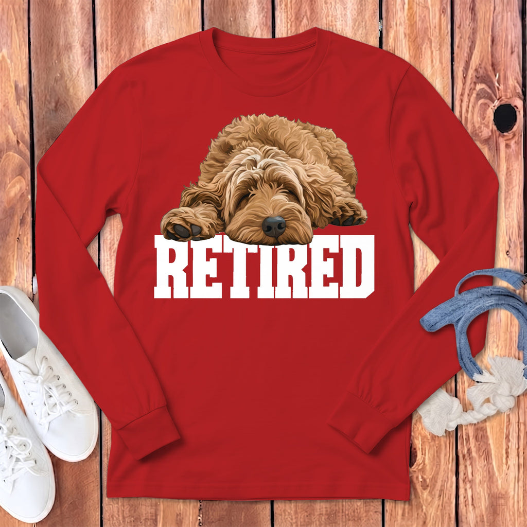Retired Sleeping Apricot Goldendoodle Long Sleeve T-Shirt in Red / S by Puppy Jo