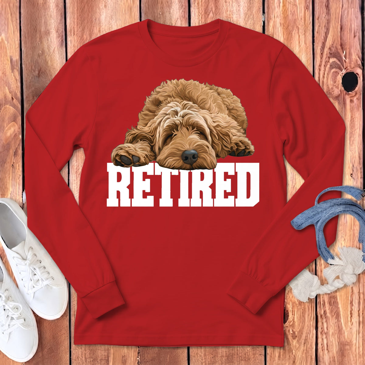 Retired Sleeping Apricot Goldendoodle Long Sleeve T-Shirt in Red / S by Puppy Jo