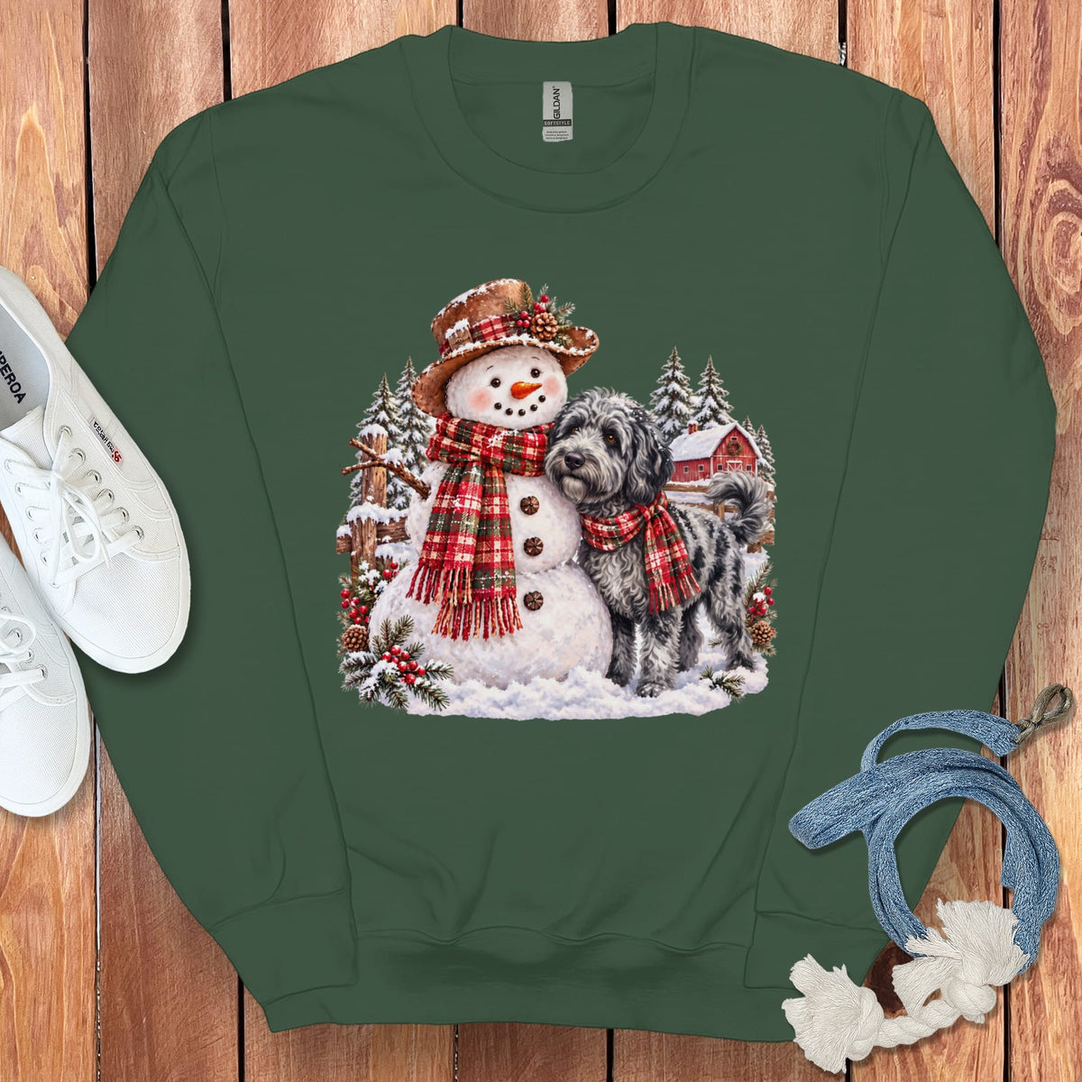 Merle Goldendoodle Christmas Snowman Sweatshirt in Forest Green / S by Puppy Jo