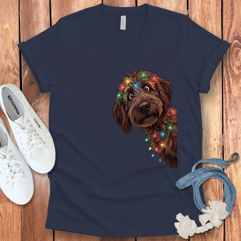 Peeking Chocolate Goldendoodle Holiday V-Neck T-Shirt in Navy / S by Puppy Jo