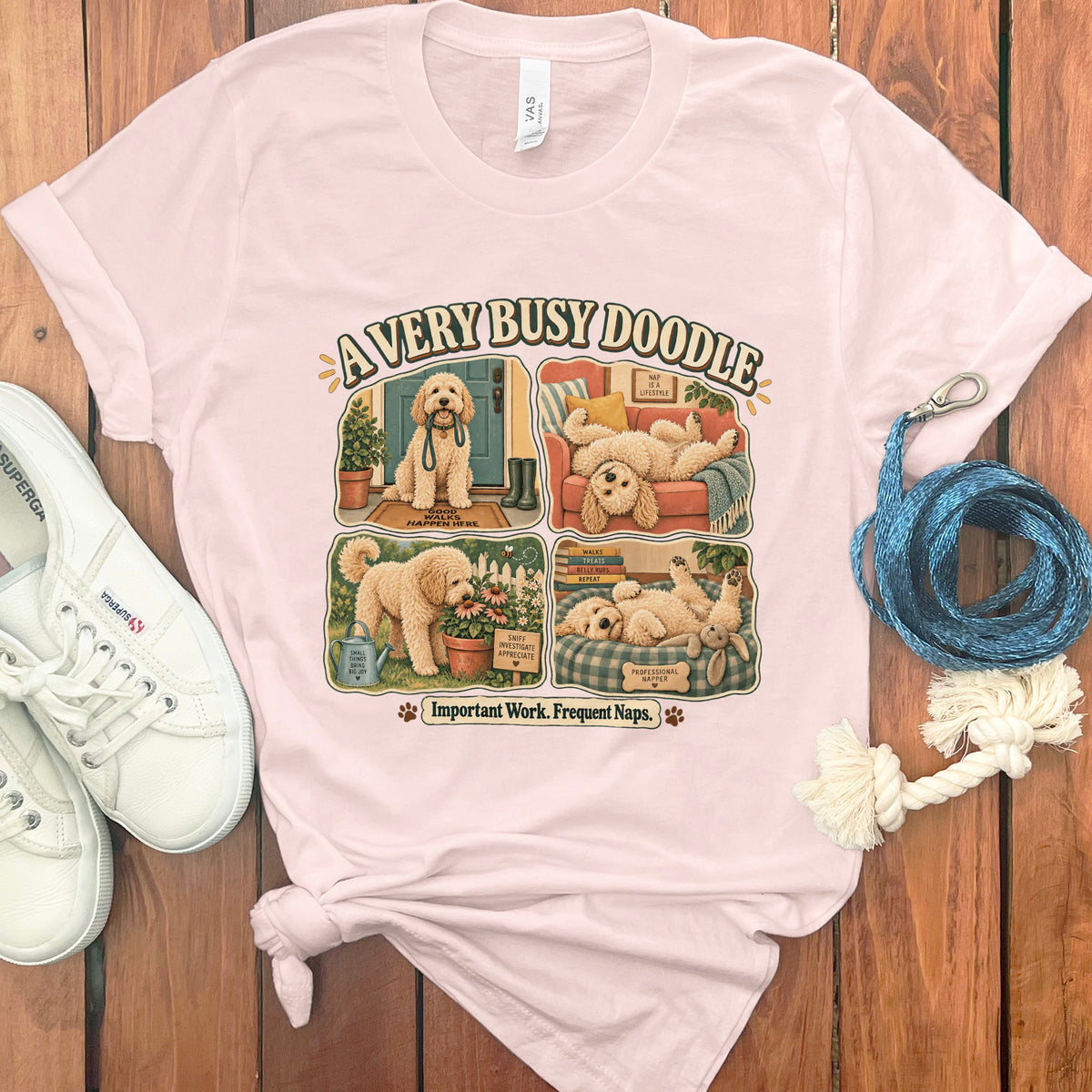 Avery Busy Doodle t-shirt with four scenes of a doodle dog and text.
