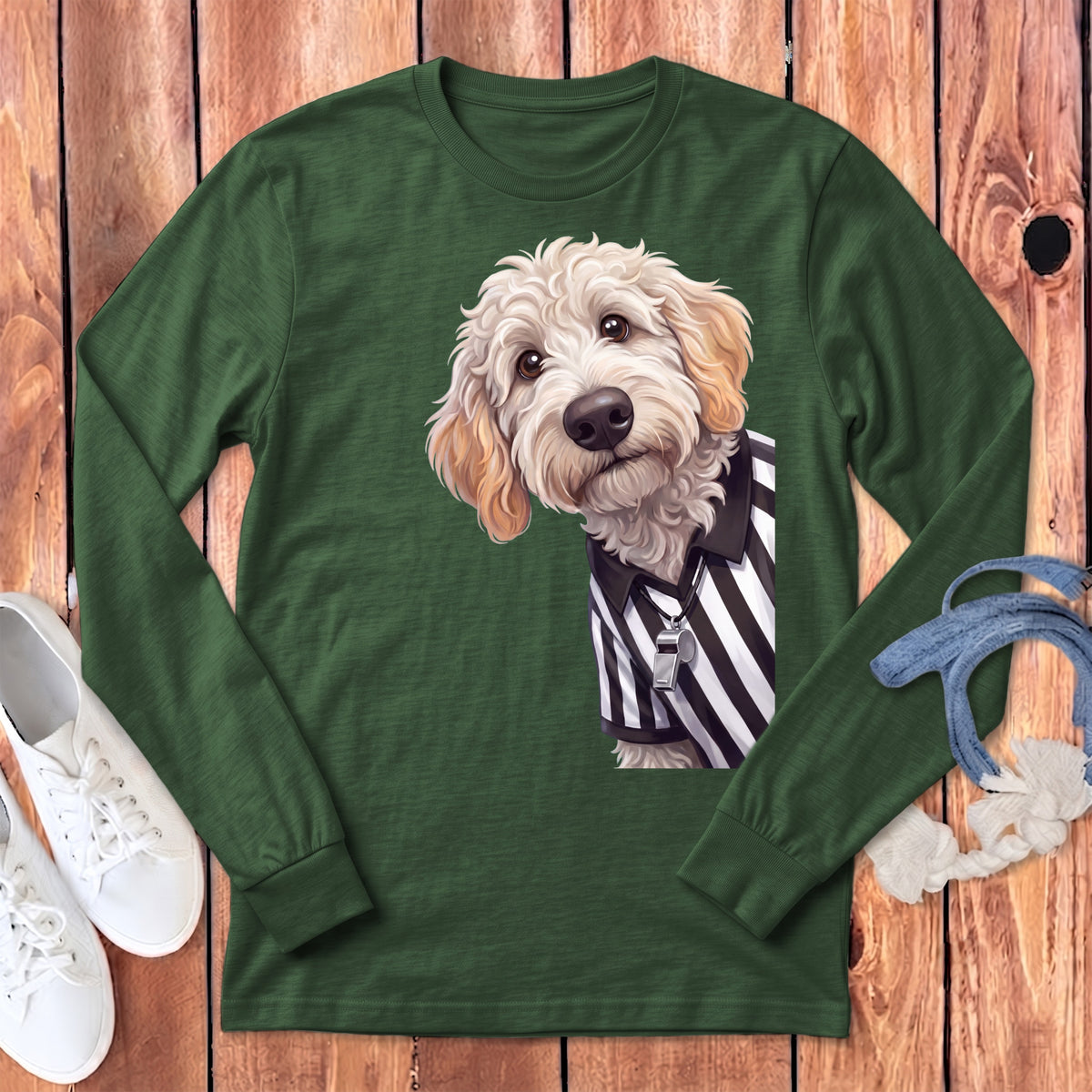 Long sleeve shirt with a cartoon dog wearing a referee uniform and whistle.