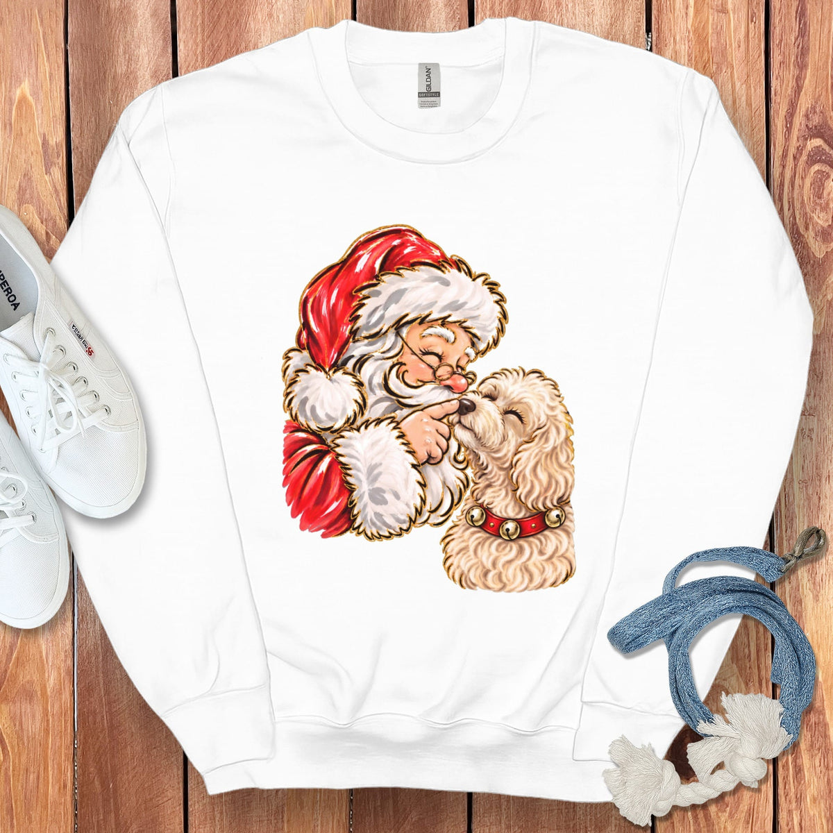 Maltipoo Santa Kiss Sweatshirt in White / S by Puppy Jo