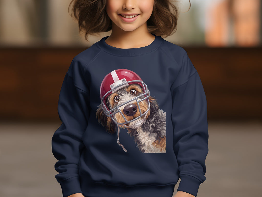 Dog wearing a red football helmet graphic on a navy sweatshirt.