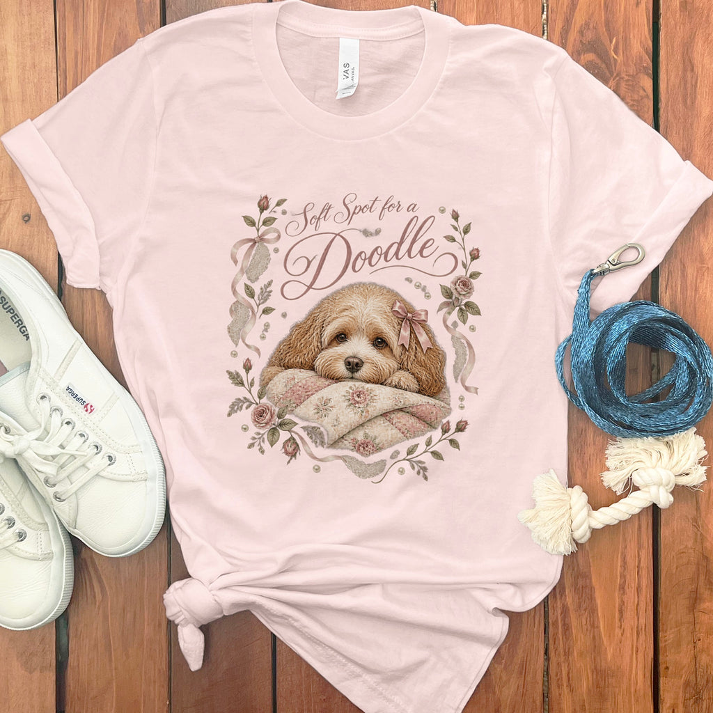 Light pink t-shirt with "Soft Spot for a Doodle" text and dog graphic.