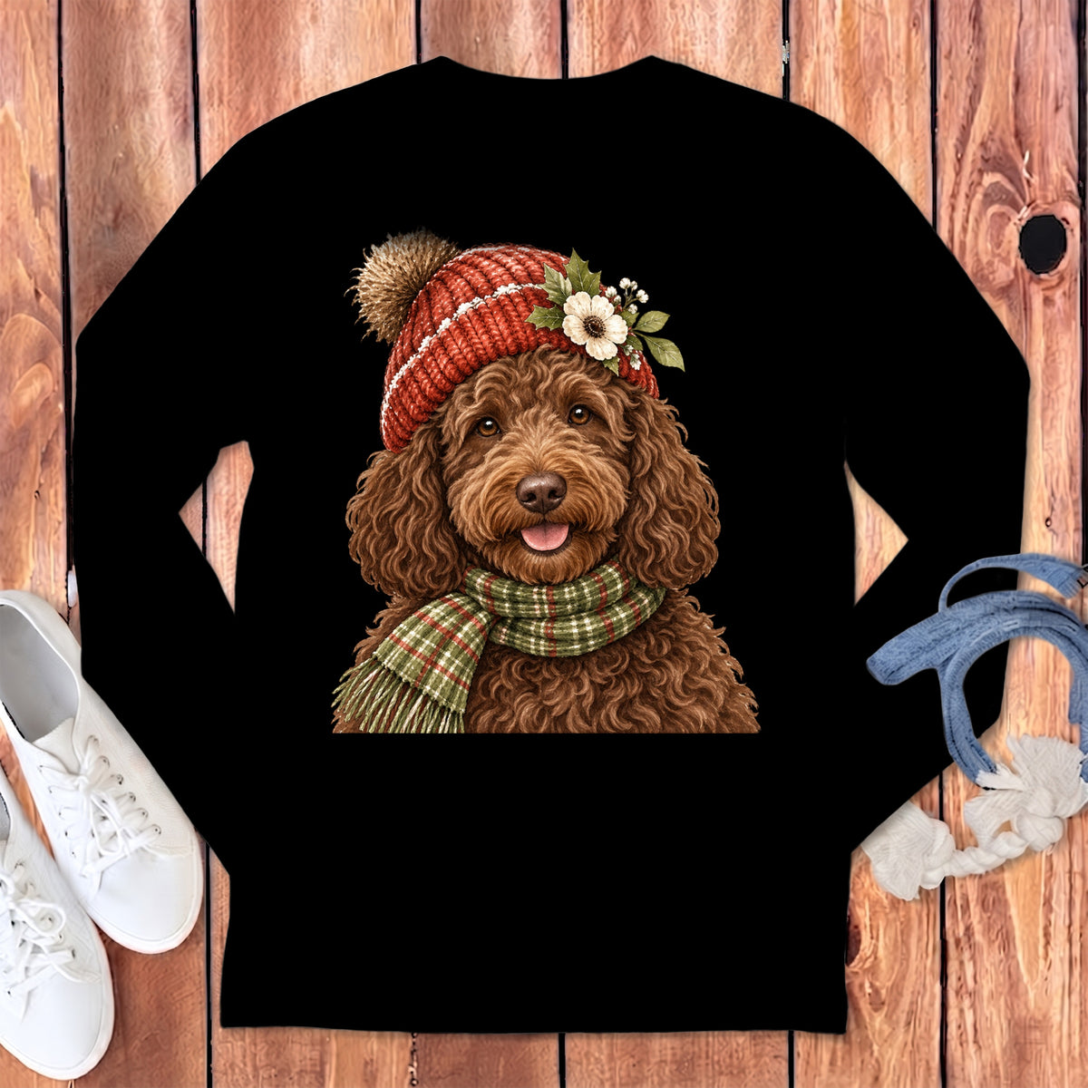 Brown poodle wearing a knitted hat and scarf with a floral accent.