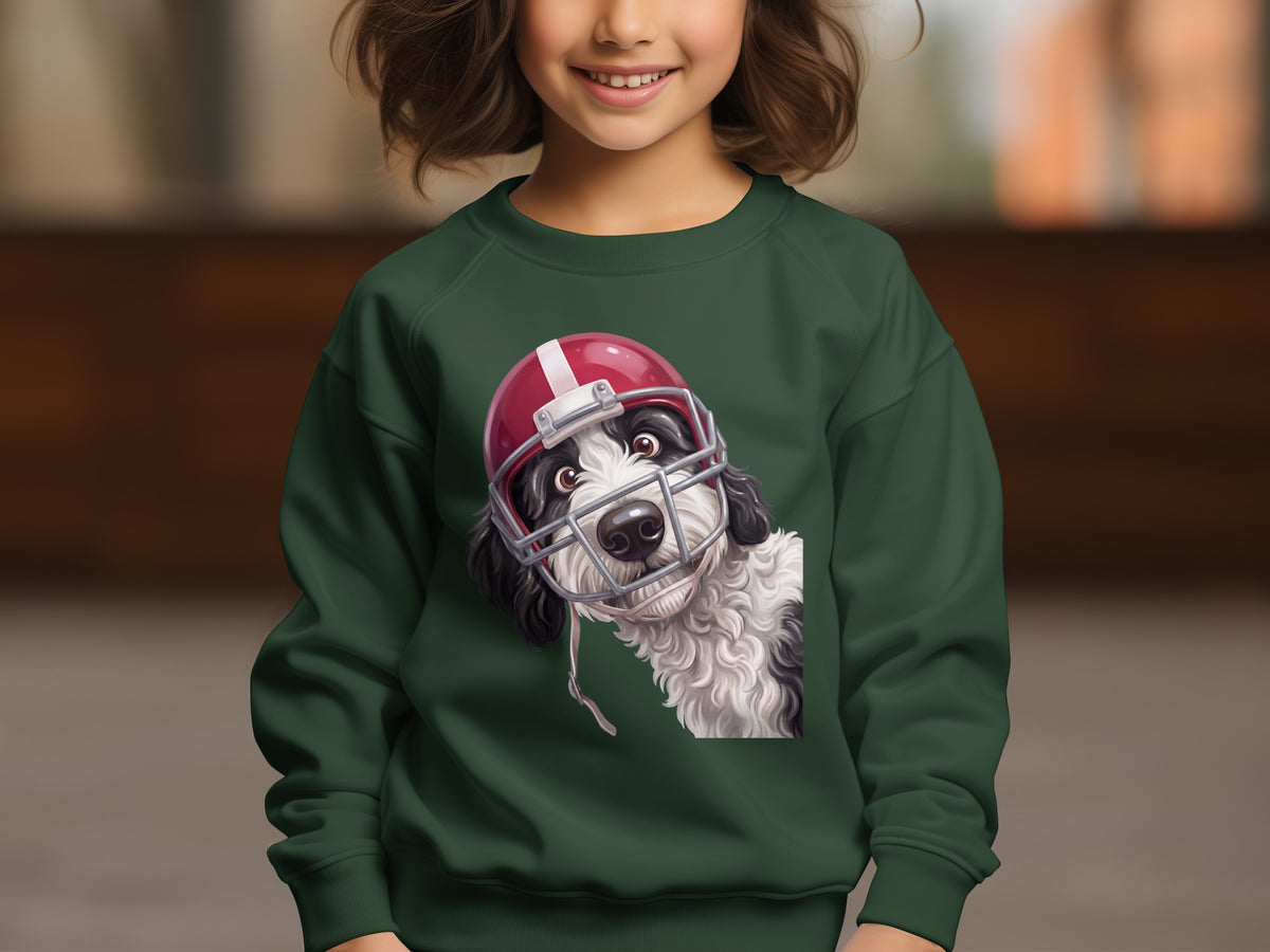 Green sweatshirt with a black and white dog wearing a red football helmet graphic.