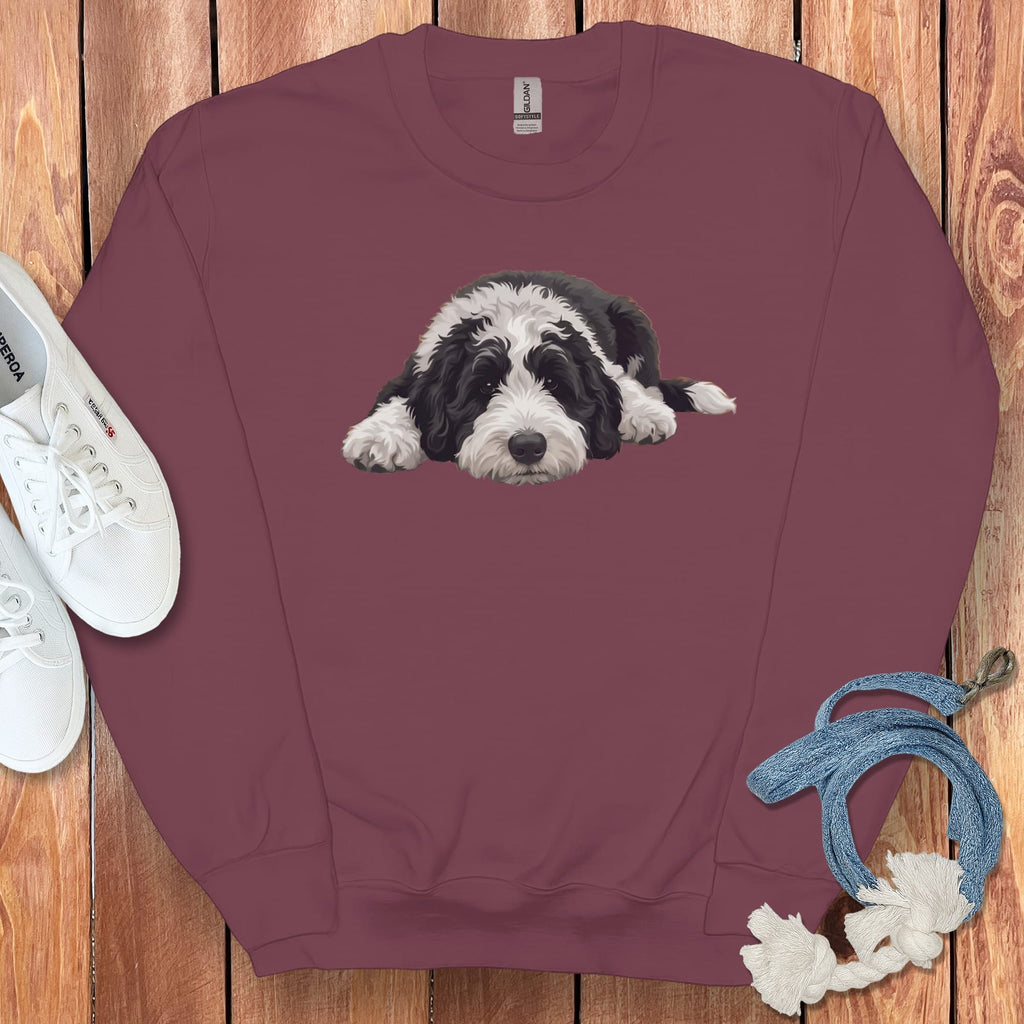 Sheepadoodle Snoozing Sweatshirt in Maroon / S by Puppy Jo