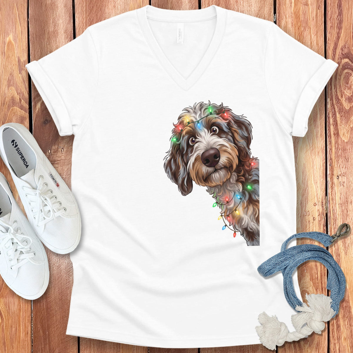 Peeking Aussiedoodle Holiday V-Neck T-Shirt in White / S by Puppy Jo