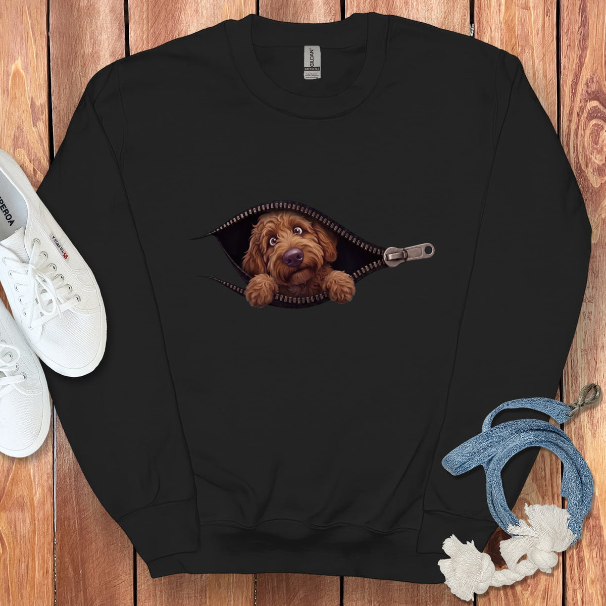 Chocolate Goldendoodle Peeking Zipper Sweatshirt in Black / S by Puppy Jo