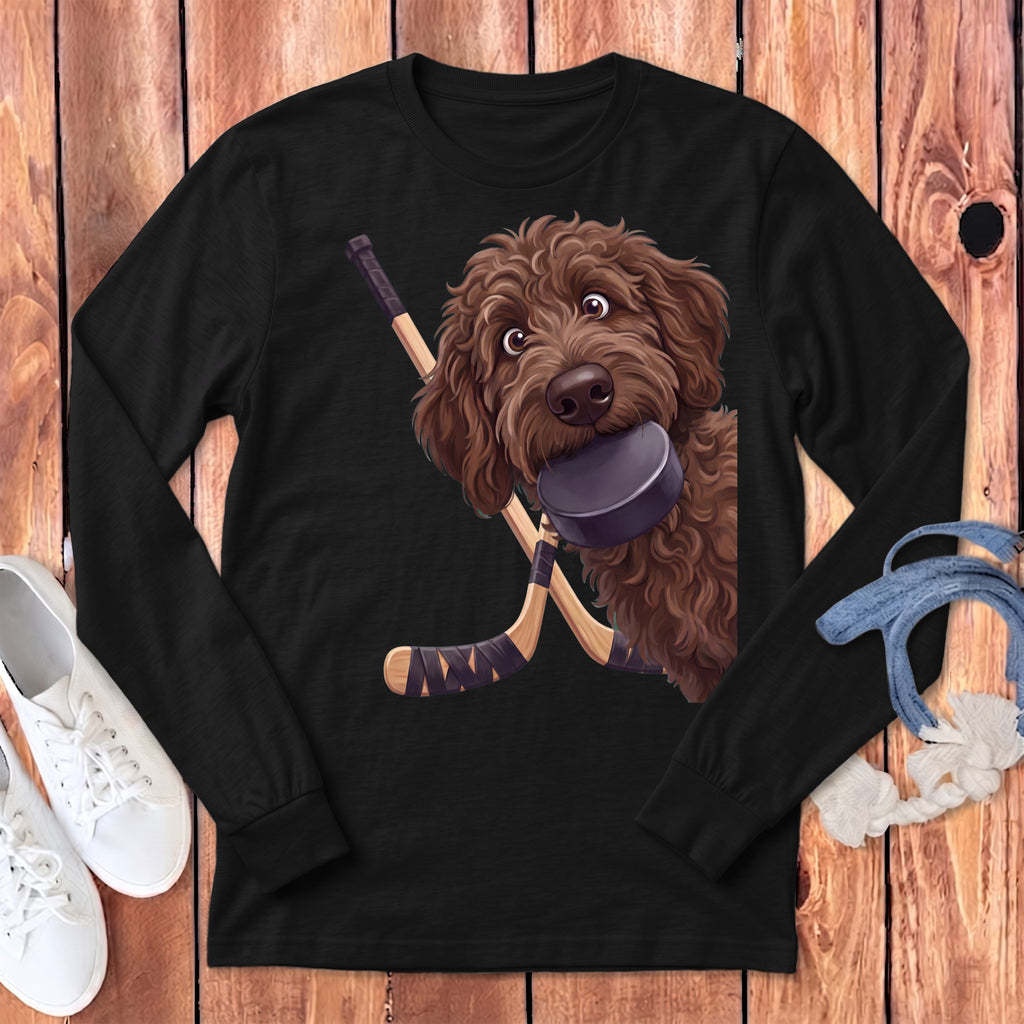 Chocolate Goldendoodle Hockey Long Sleeve T-Shirt in Dark Grey Heather / S by Puppy Jo