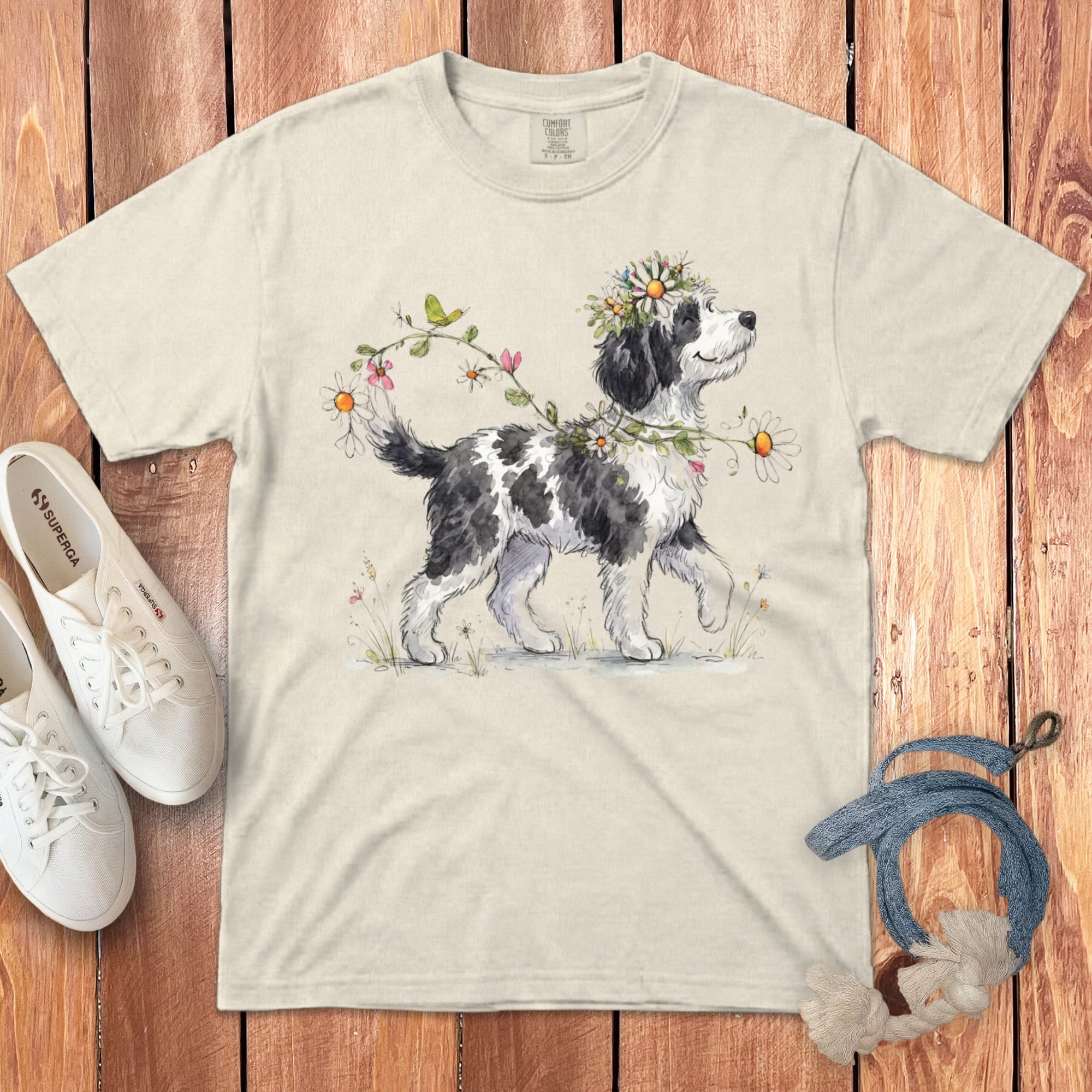 Watercolor of a fluffy dog with a flower crown, wearing a cream t-shirt.