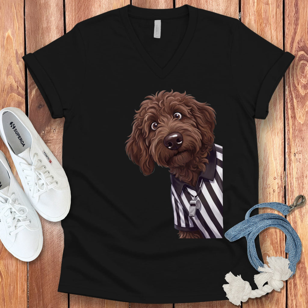 Chocolate Goldendoodle Football Referee V-Neck T-Shirt in Black / S by Puppy Jo