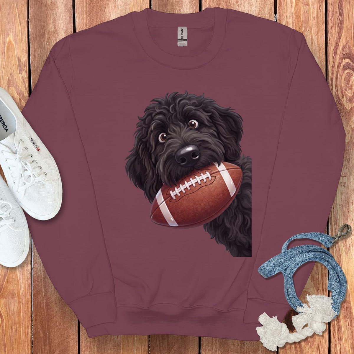 Black Goldendoodle Football Sweatshirt in Maroon / S by Puppy Jo