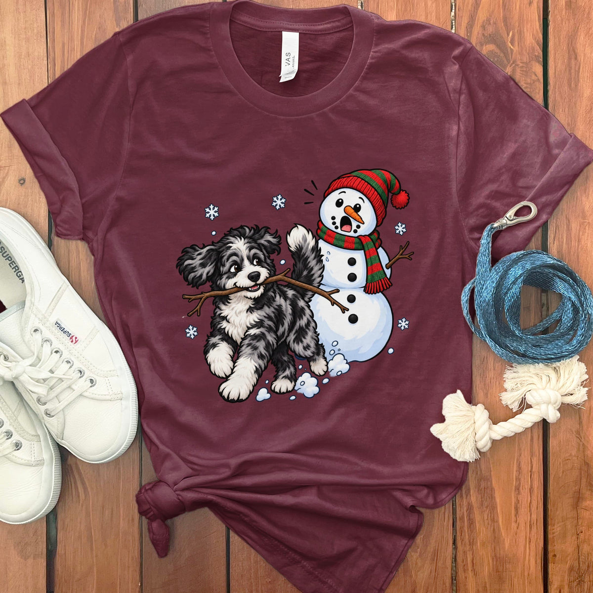 Merle Goldendoodle Snowman T-Shirt in Maroon / S by Puppy Jo