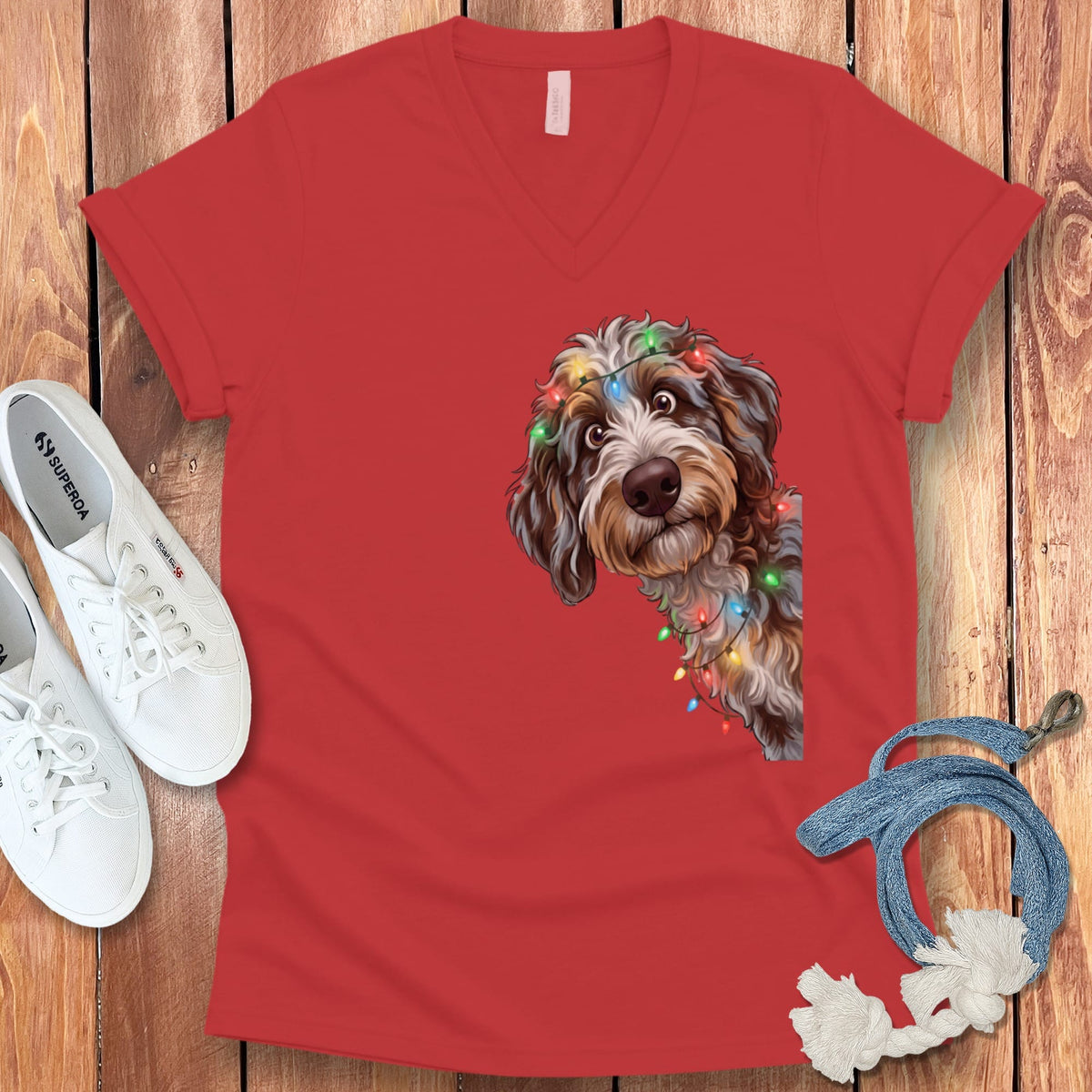 Peeking Aussiedoodle Holiday V-Neck T-Shirt in Red / S by Puppy Jo