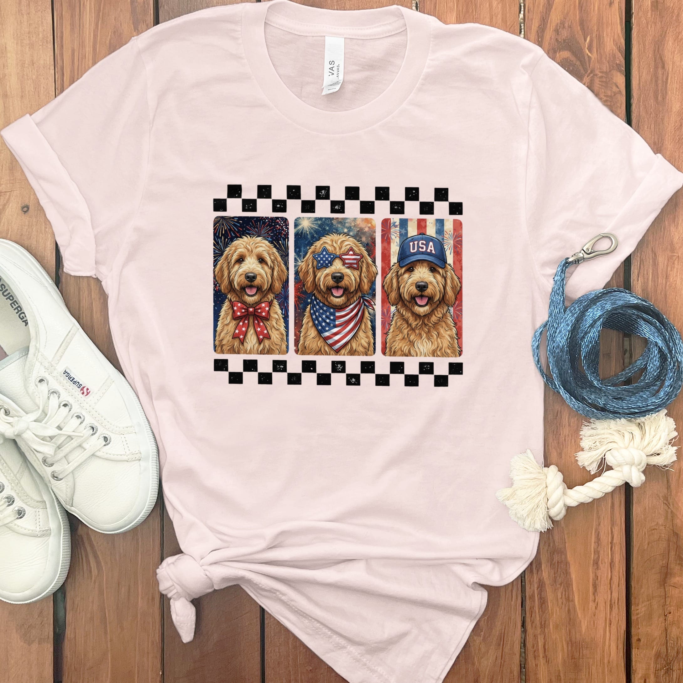 Retro Patriotic Doodles T-Shirt in Soft Pink / S by Puppy Jo