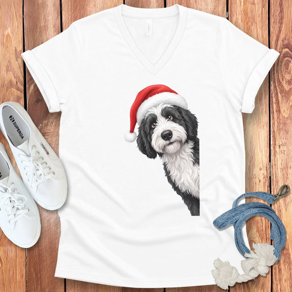Sheepadoodle Holiday Santa V-Neck T-Shirt in White / S by Puppy Jo