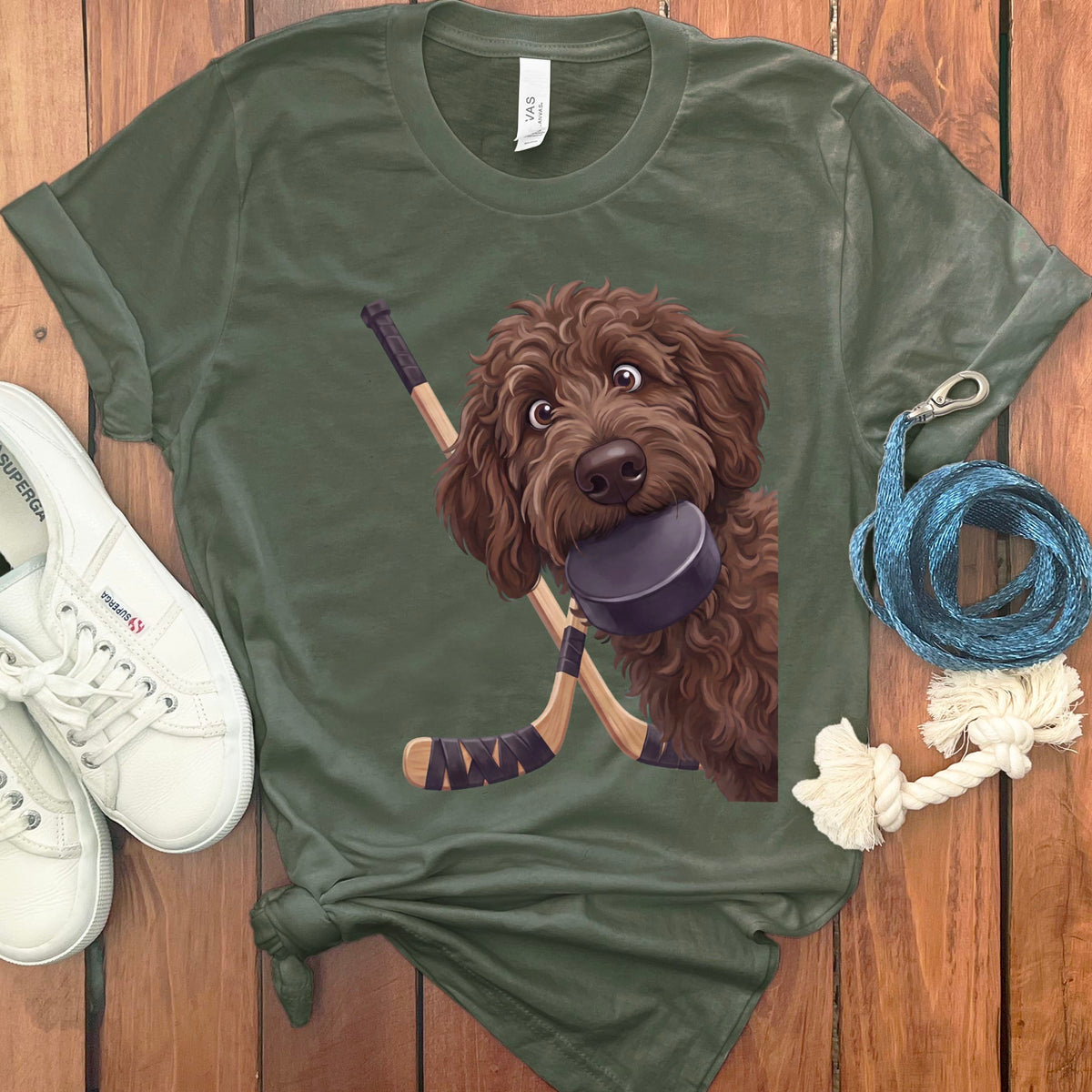 Chocolate Goldendoodle Hockey T-Shirt in Military Green / S by Puppy Jo